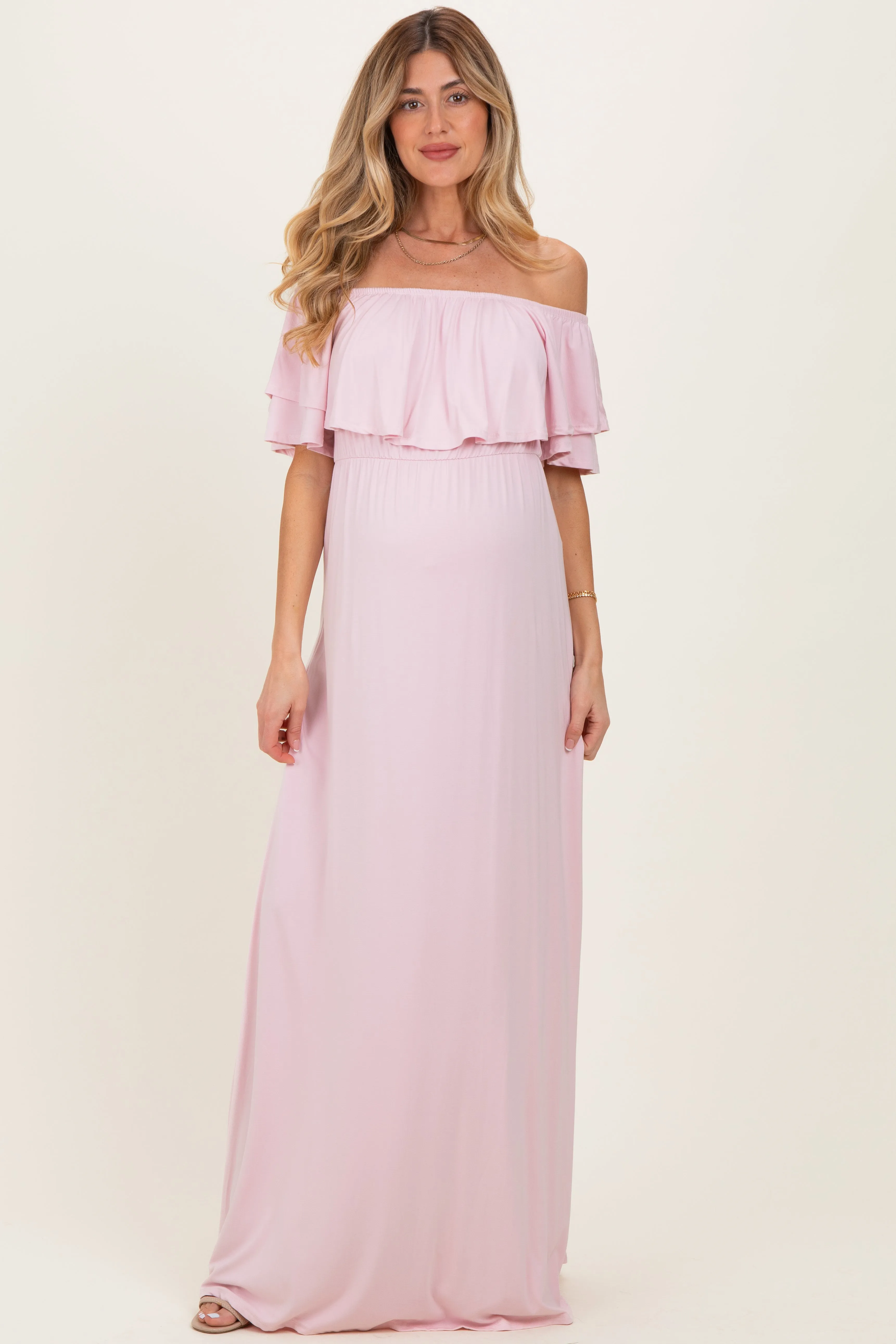Light Pink Ruffle Off Shoulder Maternity Maxi Dress sold by Pinkblush product image thumbnail 2