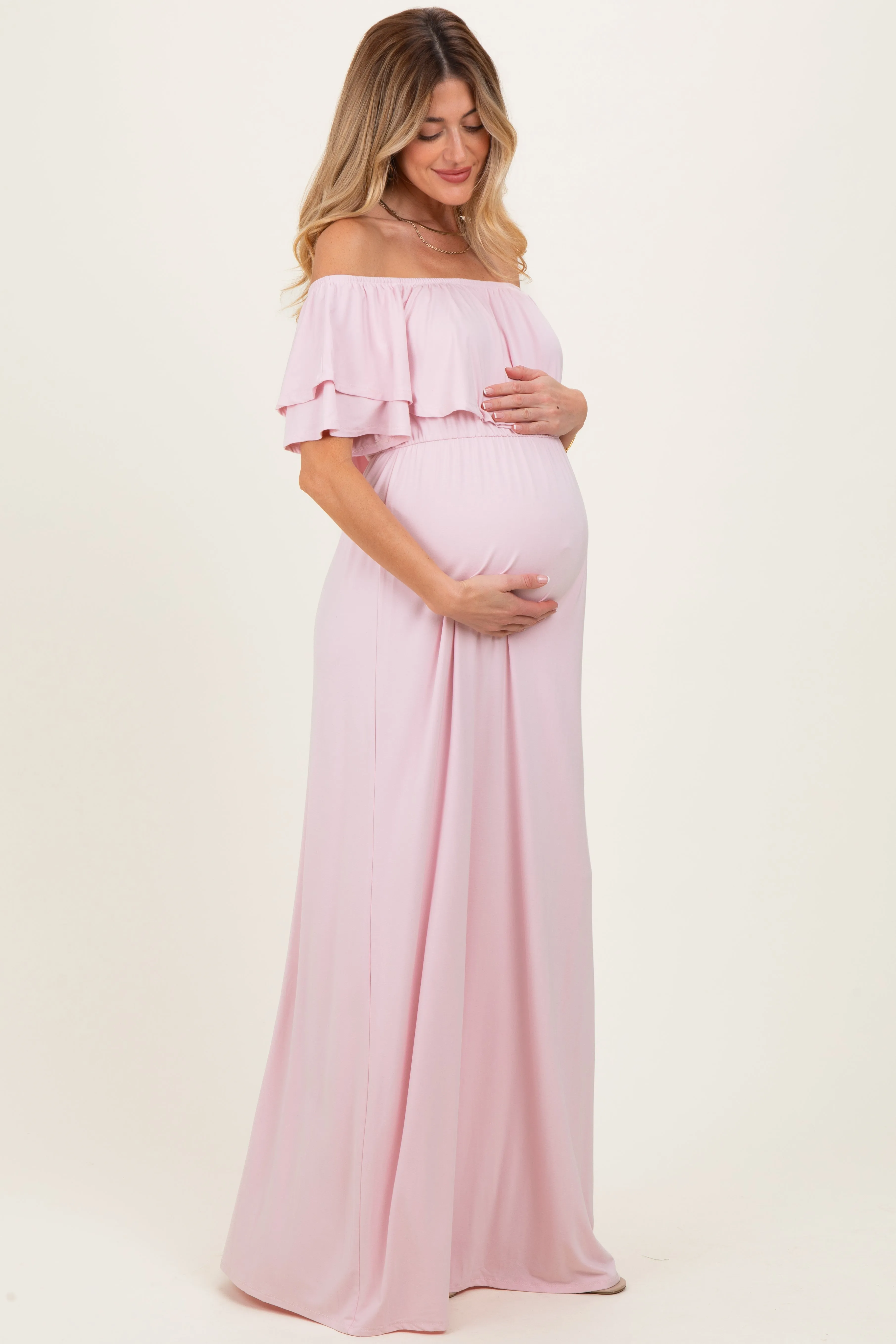 Light Pink Ruffle Off Shoulder Maternity Maxi Dress sold by Pinkblush product image thumbnail 3