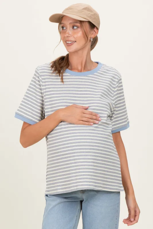 Light Blue Striped Short Sleeve Maternity T-Shirt sold by Pinkblush