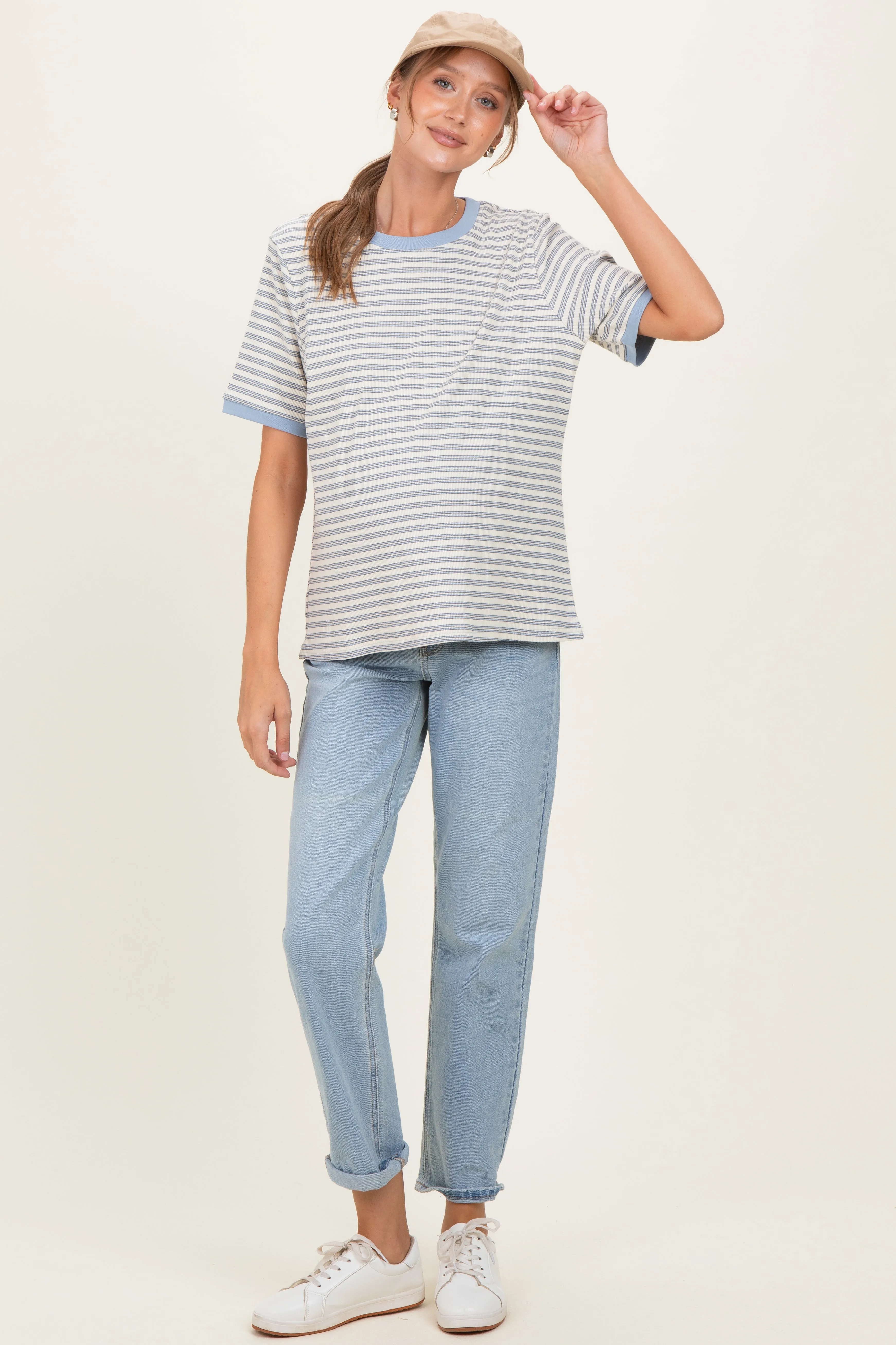 Light Blue Striped Short Sleeve Maternity T-Shirt sold by Pinkblush product image thumbnail 2
