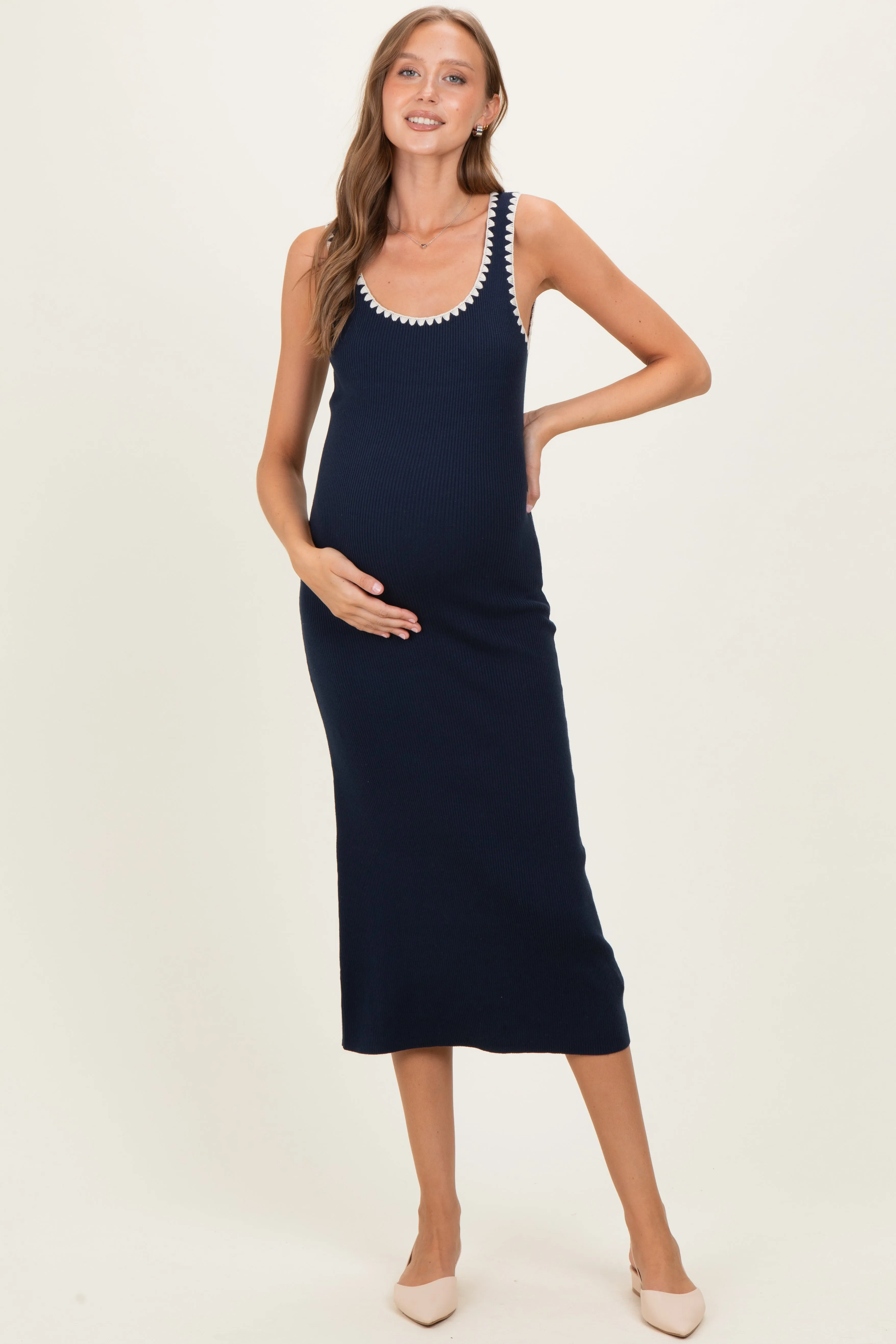 Navy Contrast Stitch Detail Ribbed Maternity Sweater Dress sold by Pinkblush