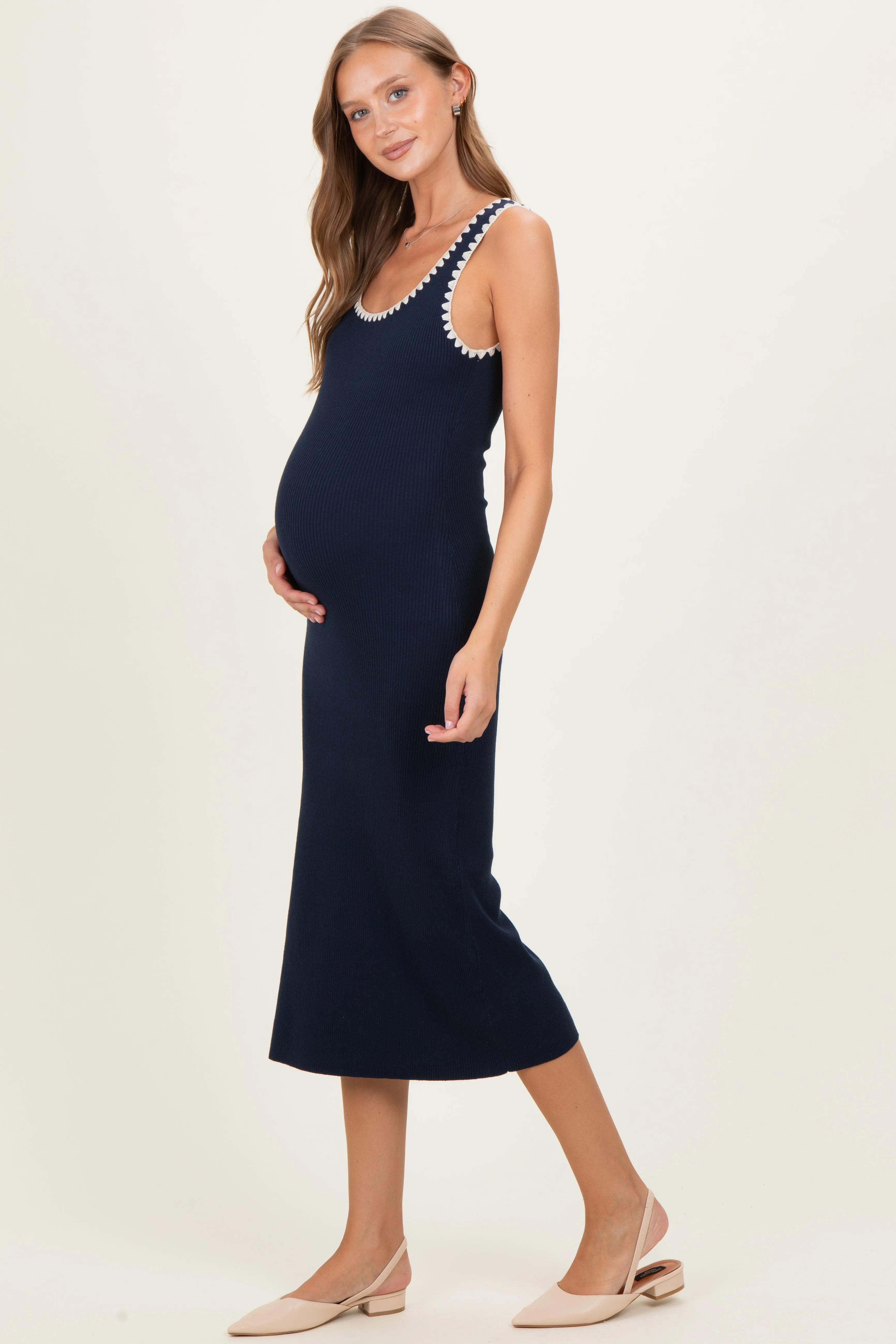 Navy Contrast Stitch Detail Ribbed Maternity Sweater Dress sold by Pinkblush product image thumbnail 2