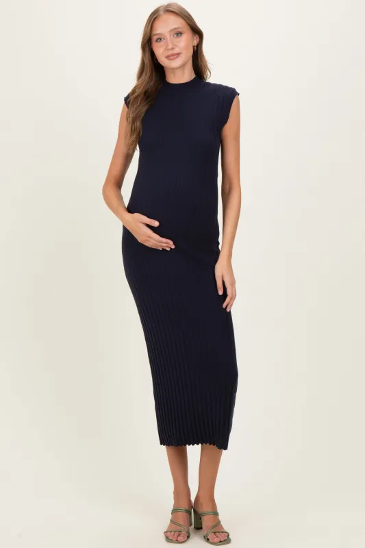 Navy Ribbed Knit Mock Neck Maternity Maxi Dress made by Able