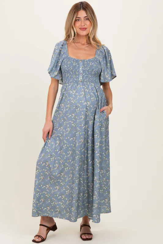 Grey Floral Smocked Flutter Sleeve Maternity Midi Dress sold by Pinkblush