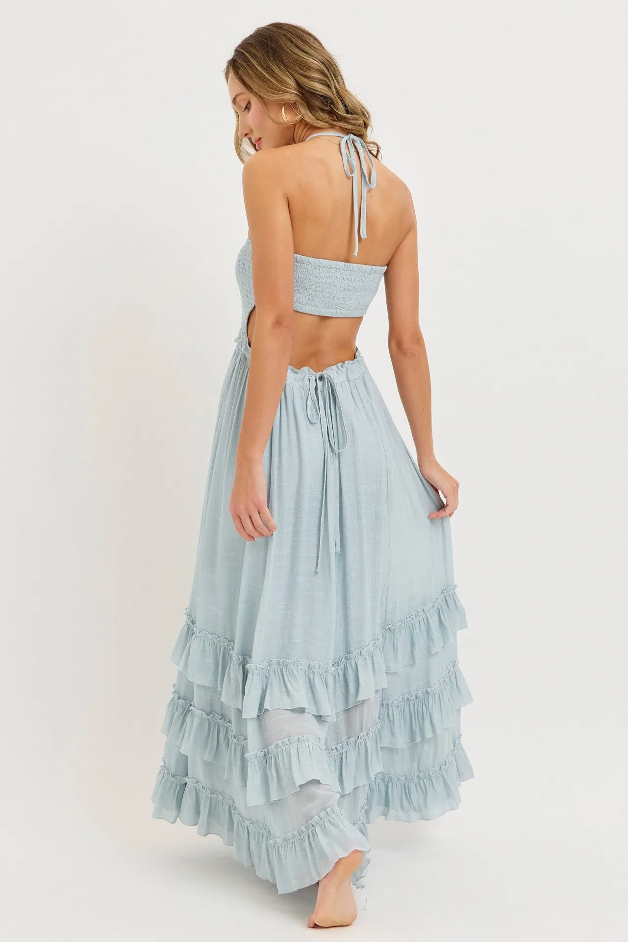 Light Blue Halter Smocked Ruffle Tier Hem Maxi Dress sold by Pinkblush product image thumbnail 3