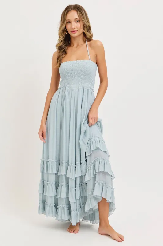 Light Blue Halter Smocked Ruffle Tier Hem Maxi Dress sold by Pinkblush