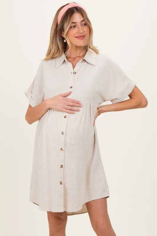 Sand Dolman Sleeve Linen Maternity Shirt Dress sold by Pinkblush