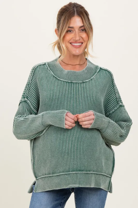 Dark Green Washed Side Slit Oversized Maternity Sweater made by Zenana Outfitters