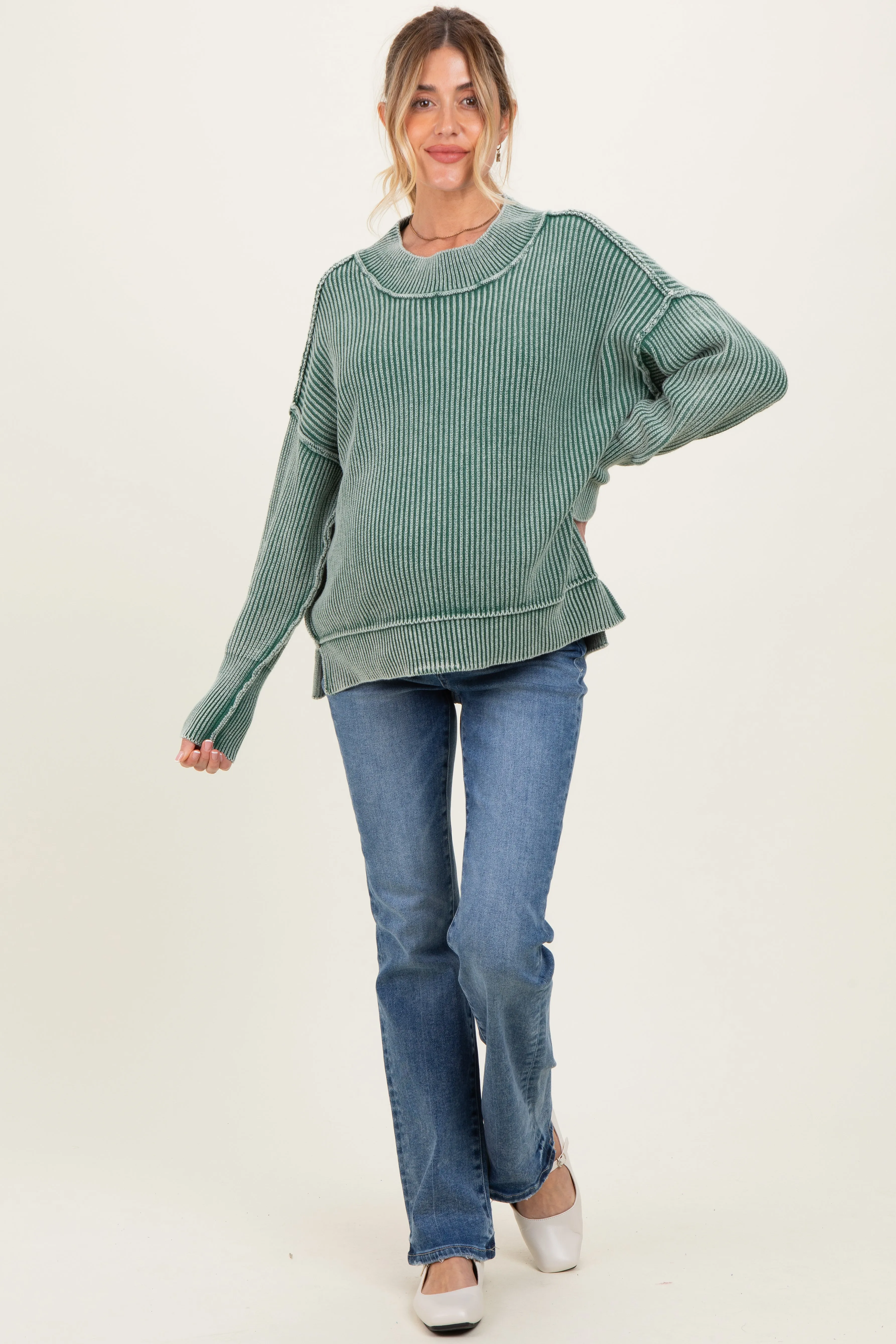 Dark Green Washed Side Slit Oversized Maternity Sweater sold by Pinkblush product image thumbnail 2