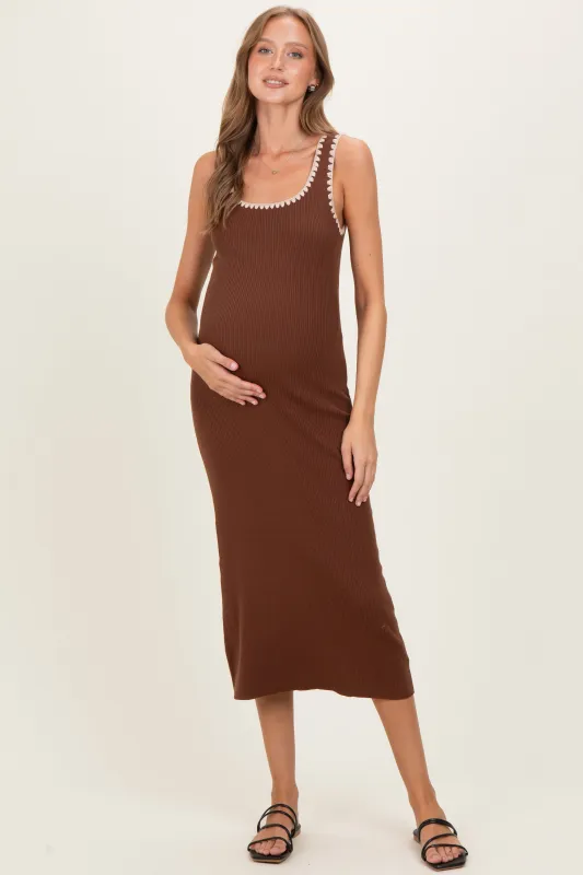 Brown Contrast Stitch Detail Ribbed Maternity Sweater Dress sold by Pinkblush