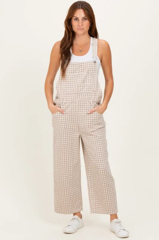 Light Taupe Gingham Denim Overalls sold by Pinkblush