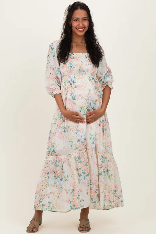 Ivory Floral Smocked 3/4 Sleeve Maternity Maxi Dress sold by Pinkblush