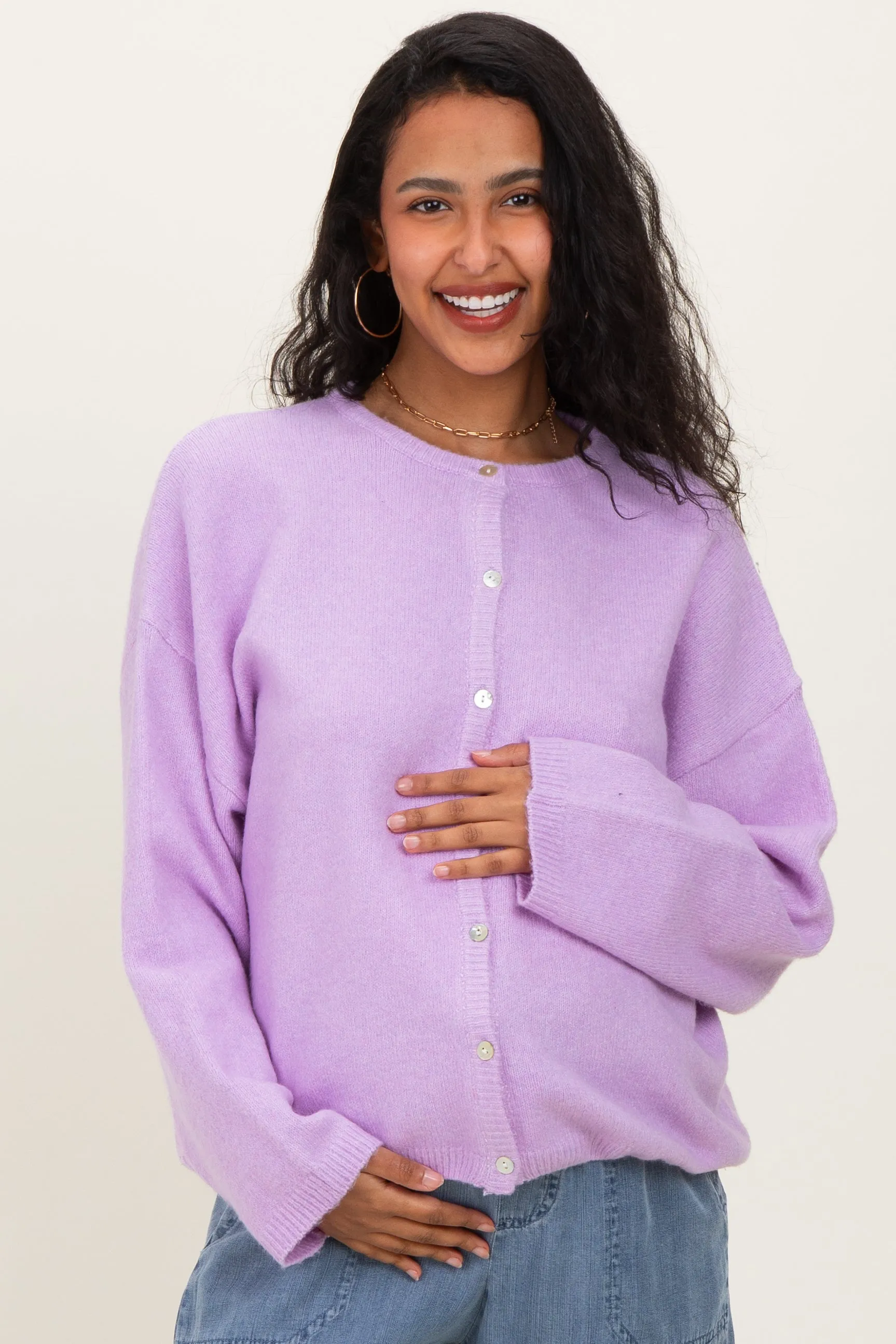 Lavender Classic Crew Neck Maternity Button Cardigan sold by Pinkblush product image thumbnail 2