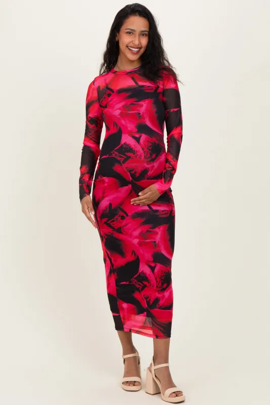 Red Abstract Print Mesh Overlay Maternity Maxi Dress made by Pinkblush