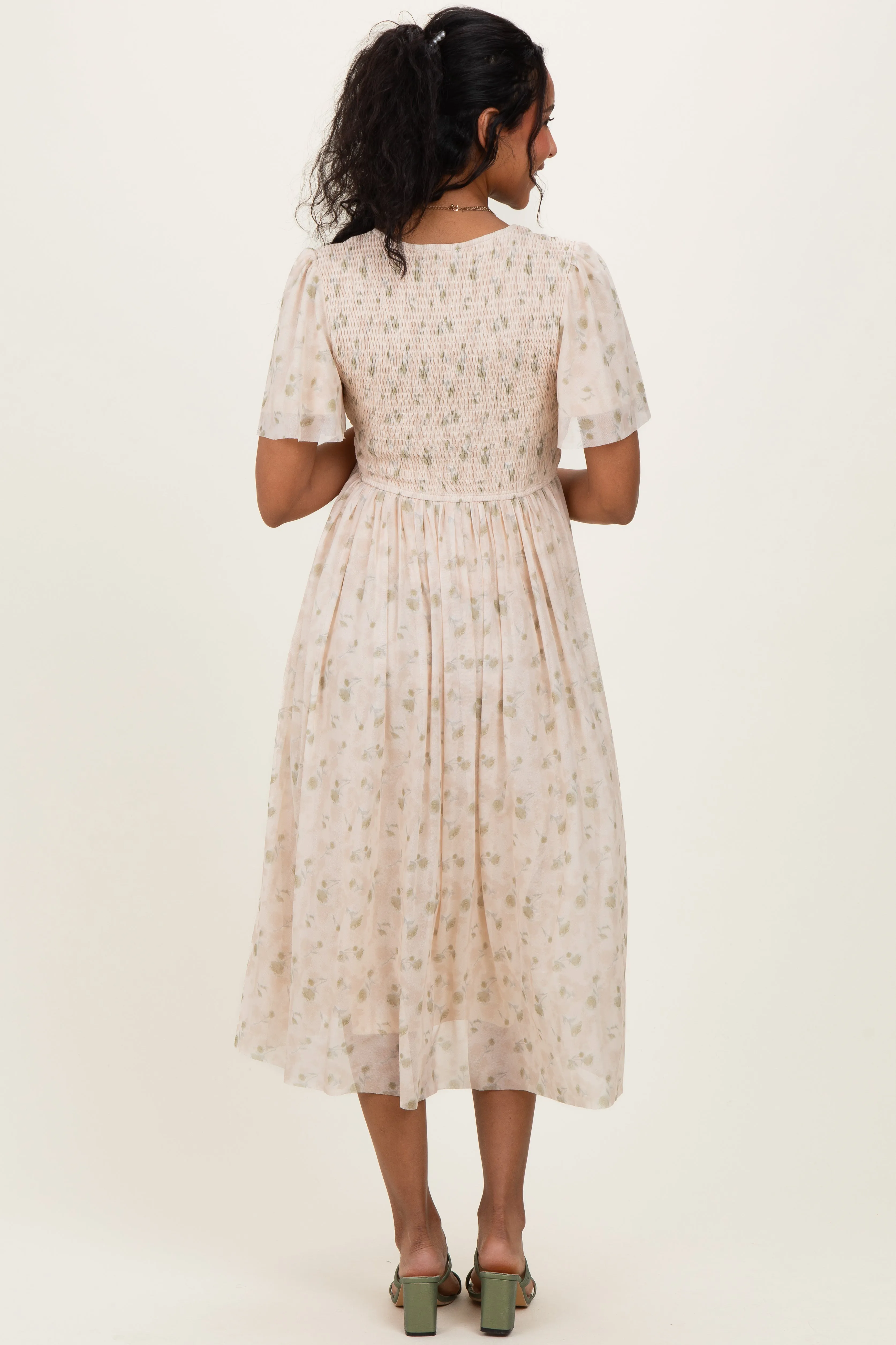 Cream Floral Chiffon Smocked Maternity Midi Dress sold by Pinkblush product image thumbnail 4