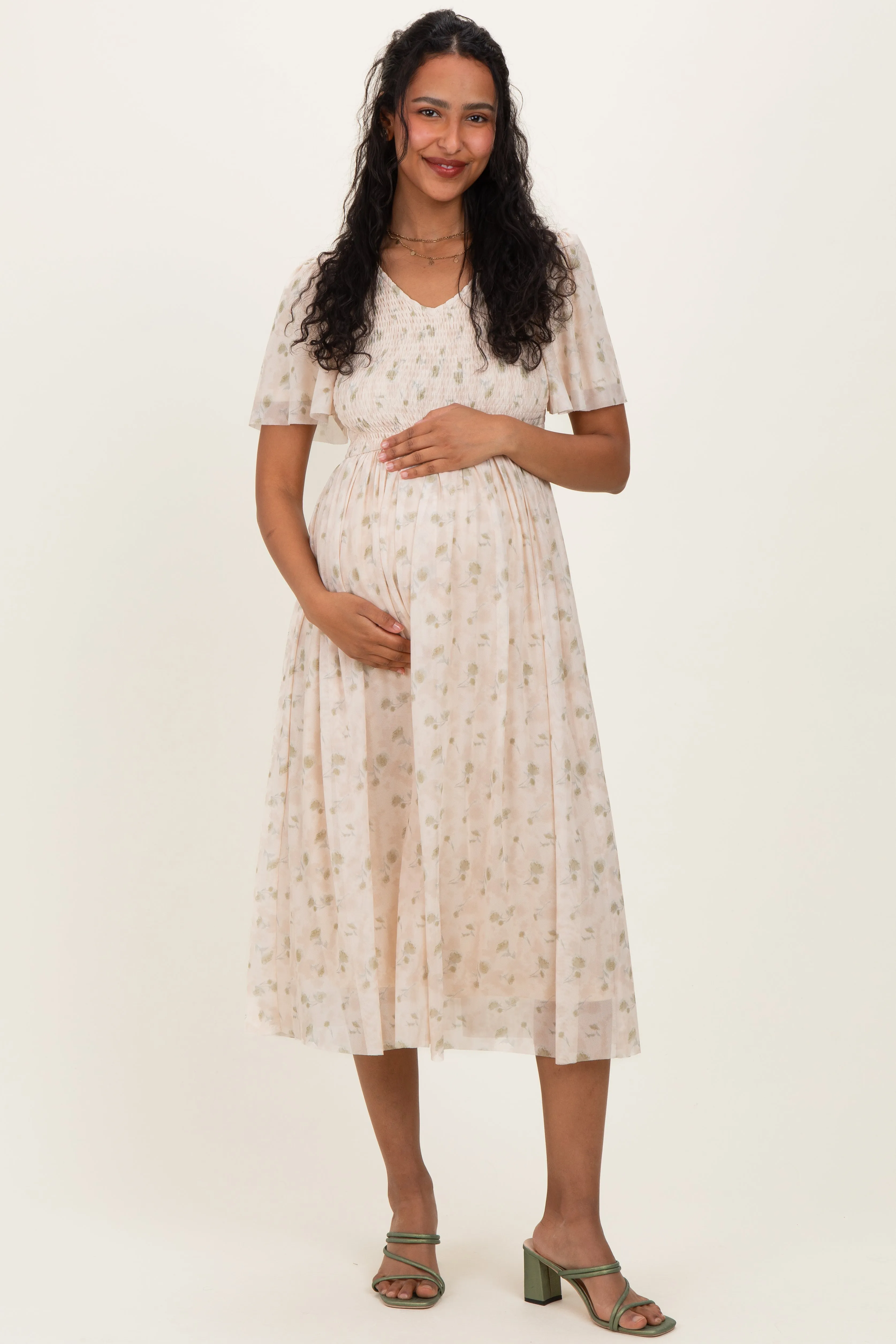 Cream Floral Chiffon Smocked Maternity Midi Dress sold by Pinkblush