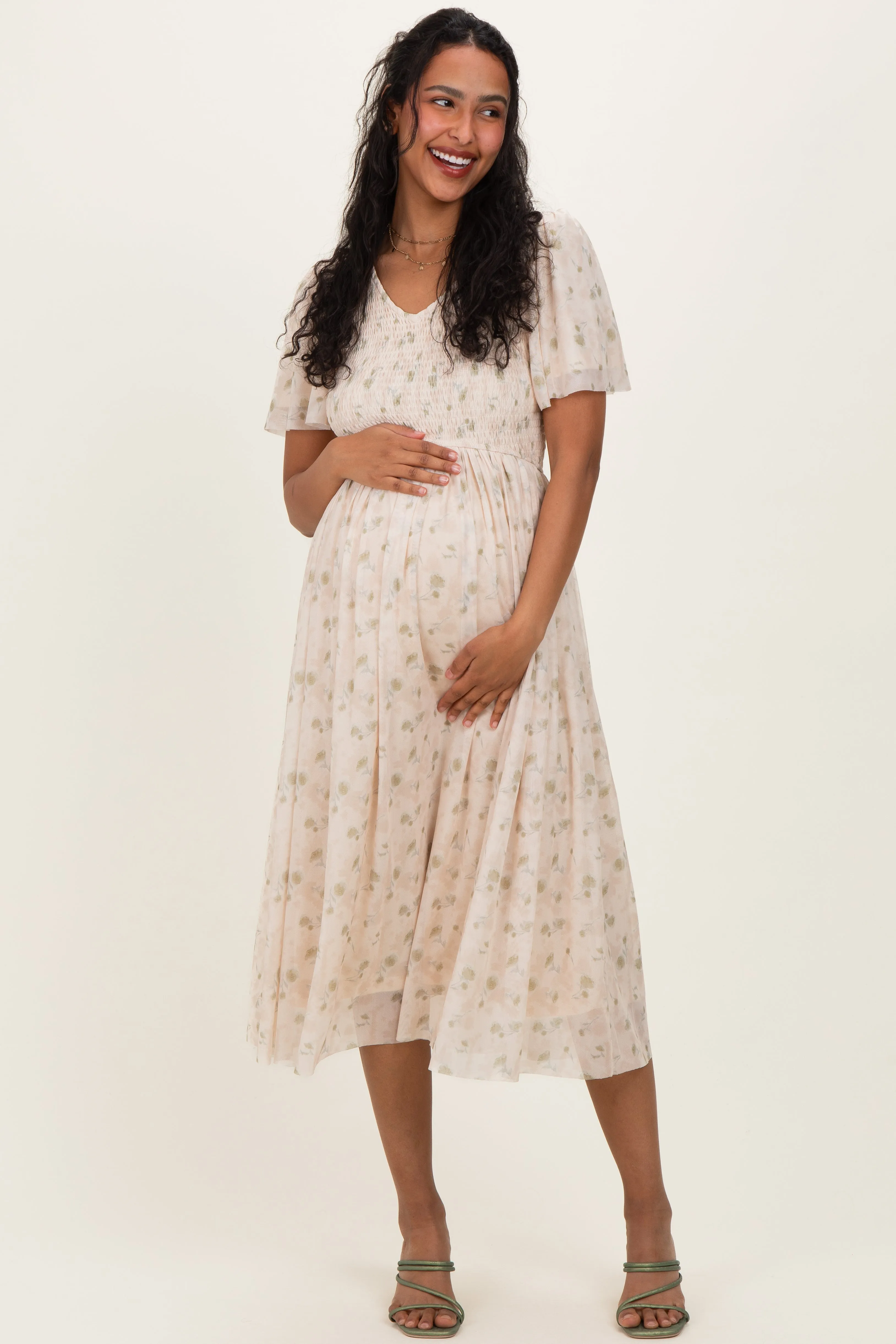 Cream Floral Chiffon Smocked Maternity Midi Dress sold by Pinkblush product image thumbnail 2