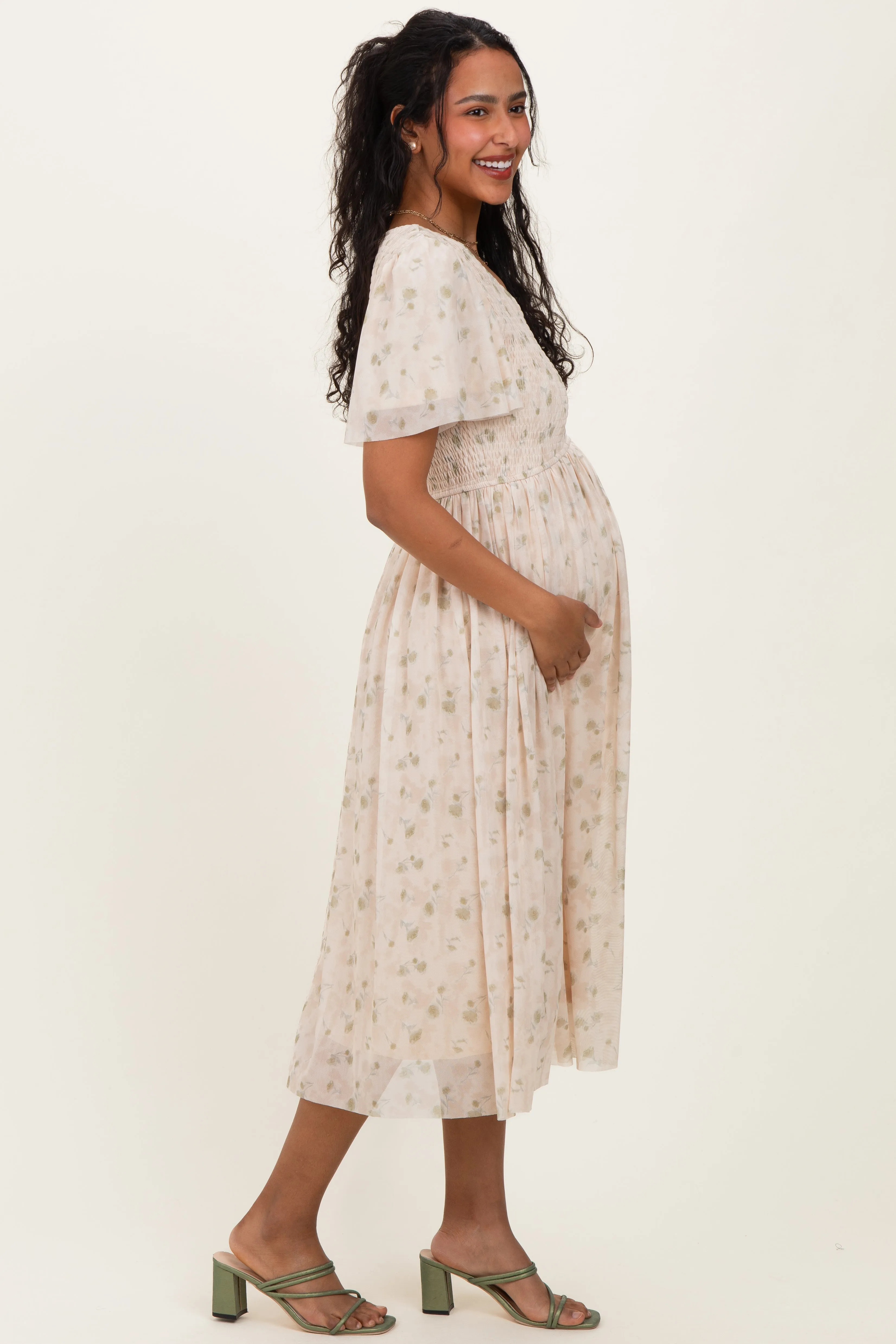 Cream Floral Chiffon Smocked Maternity Midi Dress sold by Pinkblush product image thumbnail 3