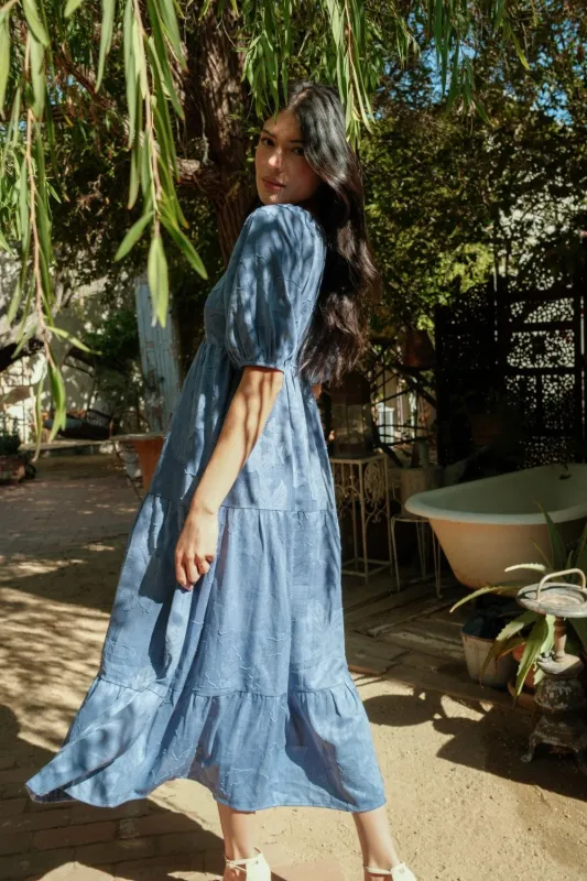 Light Blue Floral Textured Tiered Midi Dress sold by Pinkblush