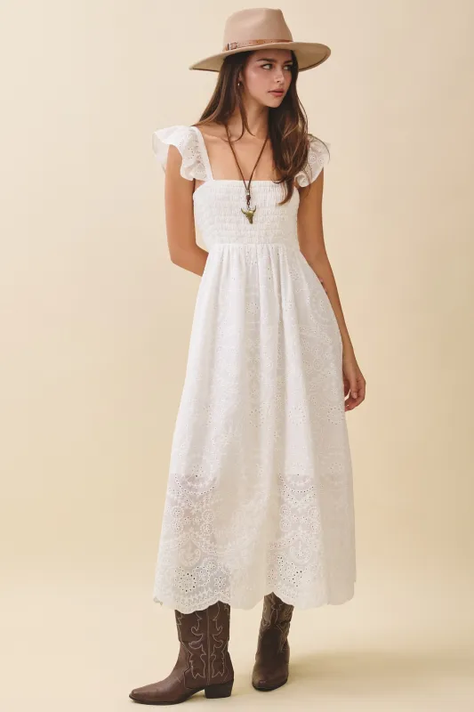White Embroidered Smocked Cutout Midi Dress made by Pinkblush