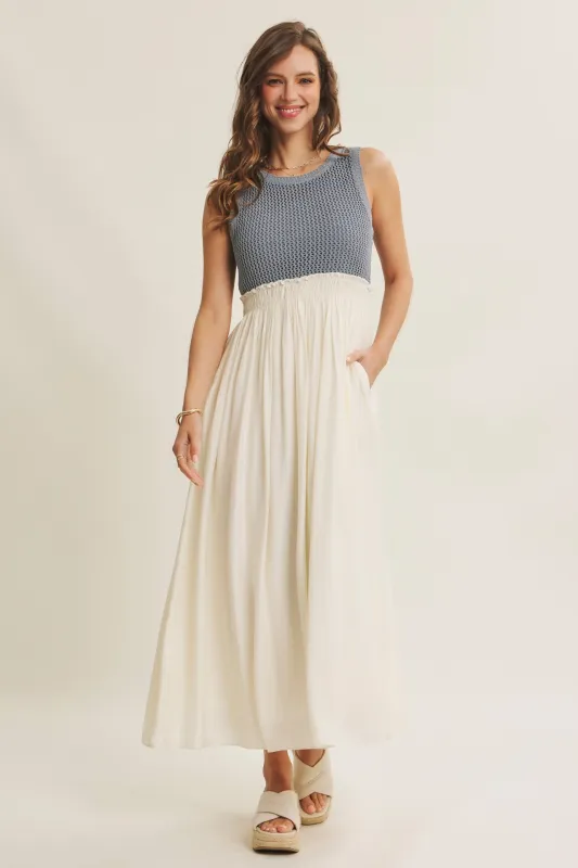 Dusty Blue Knit Bodice Contrast Skirt Maxi Dress sold by Pinkblush