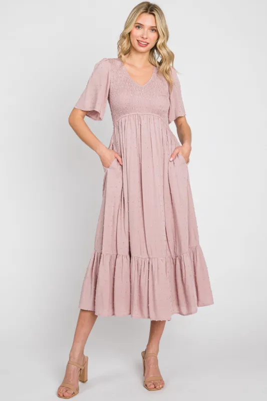 Mauve Textured Dot Smocked Short Sleeve Midi Dress sold by Pinkblush