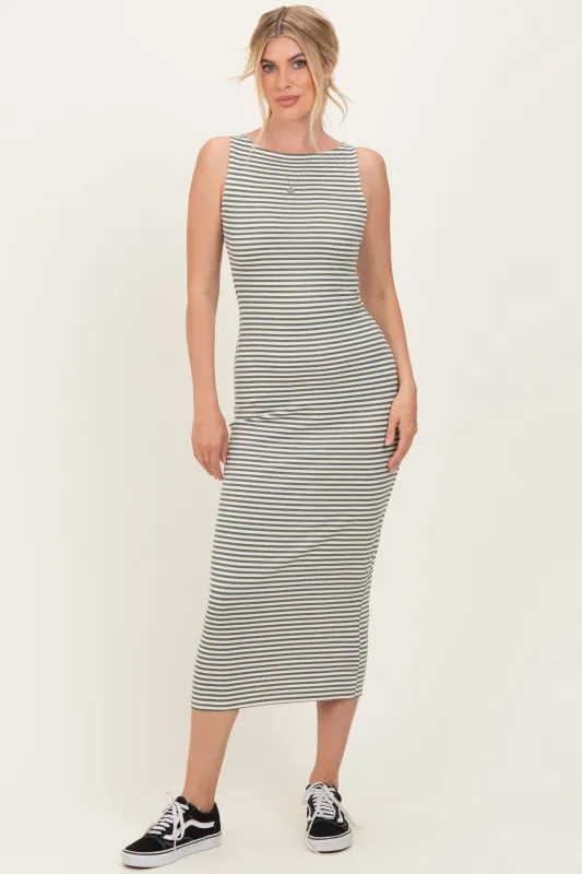 Olive Striped Boat Neck Sleeveless Midi Dress sold by Pinkblush