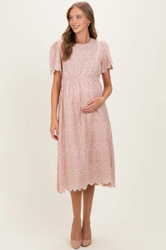 Light Pink Embroidered Floral Maternity Midi Dress sold by Pinkblush