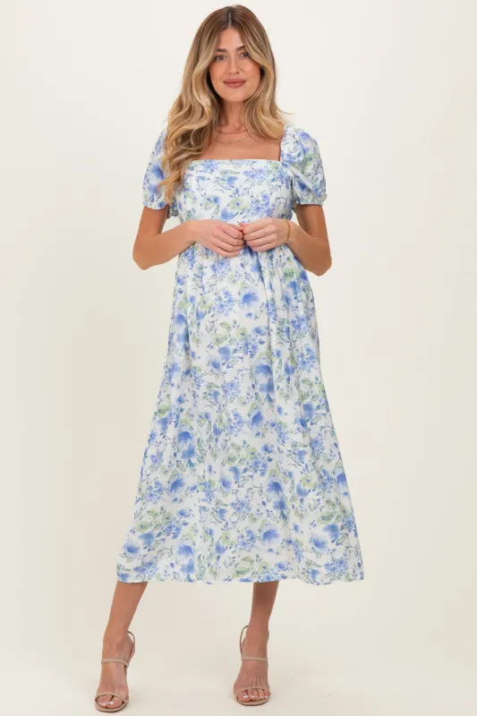 Blue Floral Crisscross Back Maternity Midi Dress made by Pinkblush