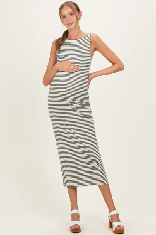 Olive Striped Boat Neck Sleeveless Maternity Midi Dress made by Active Basic