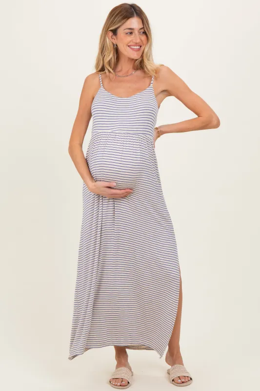 Oatmeal Striped Sleeveless Maternity Maxi Dress made by Pinkblush