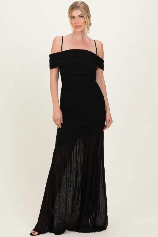 Black Ruched Mesh Off Shoulder Maxi Dress sold by Pinkblush