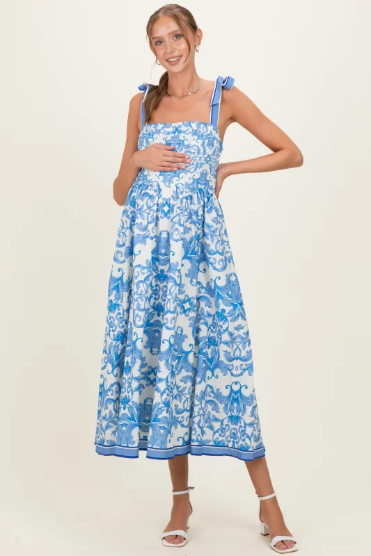 Blue Damask Shoulder Tie Maternity Midi Dress made by Flying Tomato