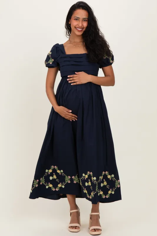 Navy Embroidered Floral Pleated Bodice Maternity Maxi Dress made by Inloom