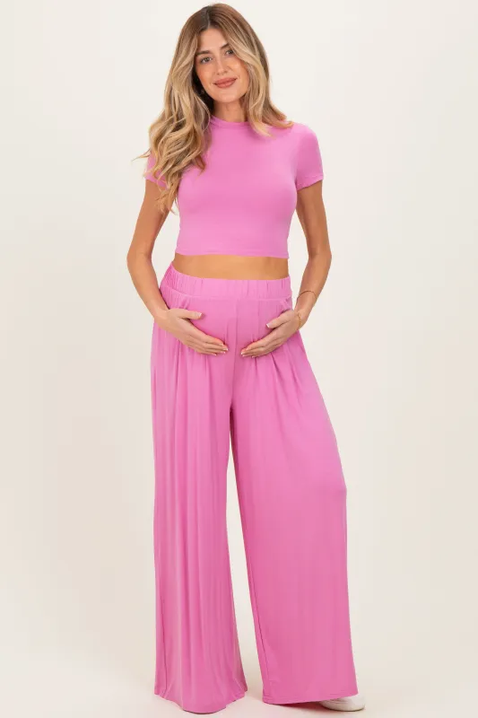 Pink Short Sleeve Crop Top Wide Leg Pant Maternity Set sold by Pinkblush