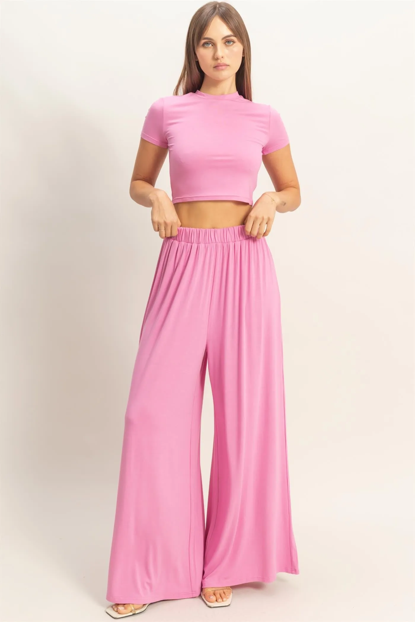 Pink Short Sleeve Crop Top Wide Leg Pant Maternity Set sold by Pinkblush product image thumbnail 2
