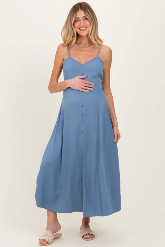 Slate Blue Button Accent Maternity Midi Dress made by Final Touch