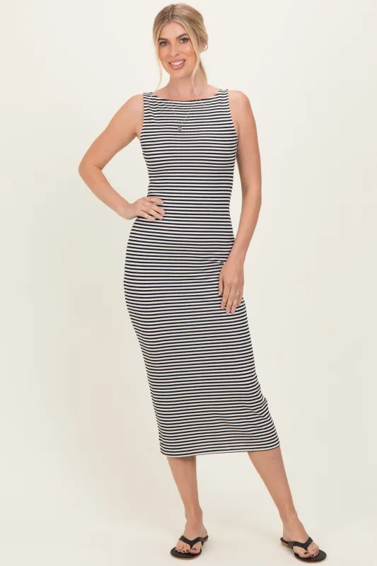 Black Striped Boat Neck Sleeveless Midi Dress sold by Pinkblush