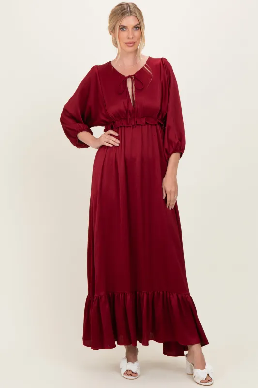 Burgundy Solid Satin Long Sleeve Open V-Neck Ruffle Waist Tiered Maxi Dress sold by Pinkblush