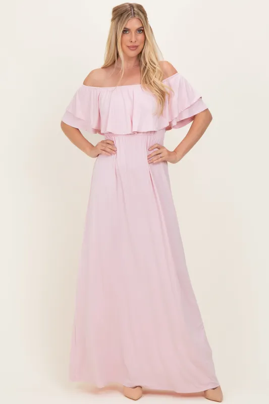 Light Pink Ruffle Off Shoulder Maxi Dress made by Pinkblush