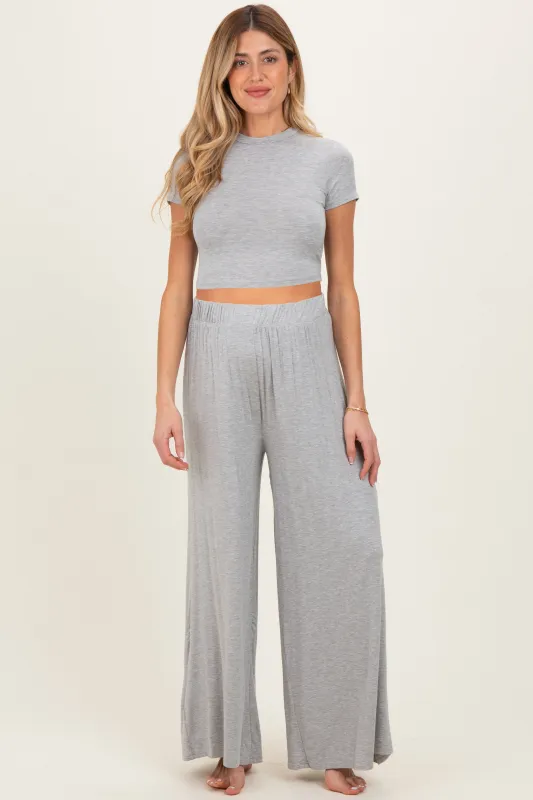 Heather Grey Short Sleeve Crop Top Wide Leg Pant Maternity Set sold by Pinkblush