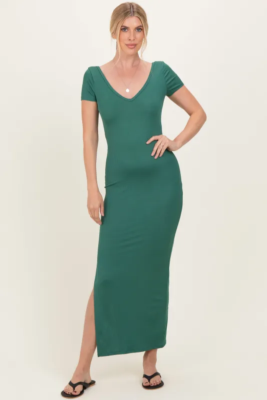 Forest Green Basic Ribbed Side Slit Midi Dress sold by Pinkblush