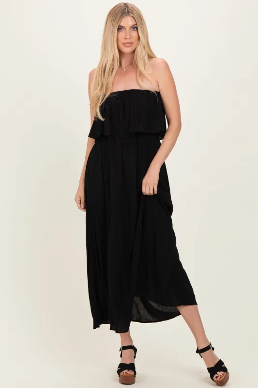 Black Woven Crinkle Flounce Strapless Maxi Dress made by Zenana Outfitters