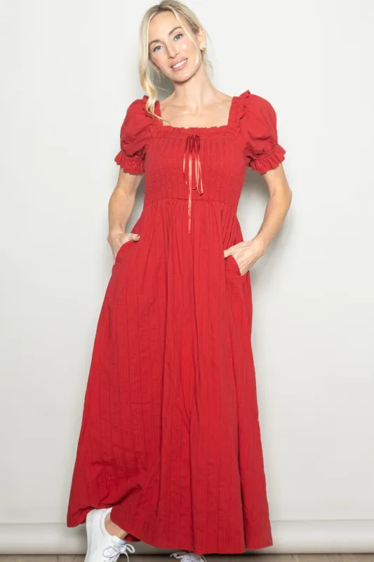 Red Smocked Ruffle Accent Ribbon Tie Maxi Dress sold by Pinkblush
