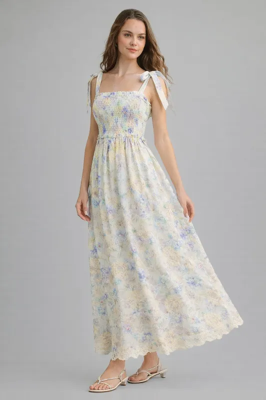 Blue Floral Smocked Shoulder Tie Maxi Dress sold by Pinkblush