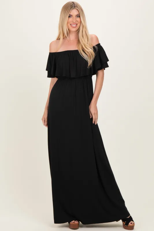 Black Ruffle Off Shoulder Maxi Dress made by Pinkblush