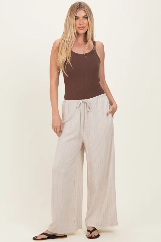 Oatmeal Pinstripe Drawstring Linen Pants sold by Pinkblush