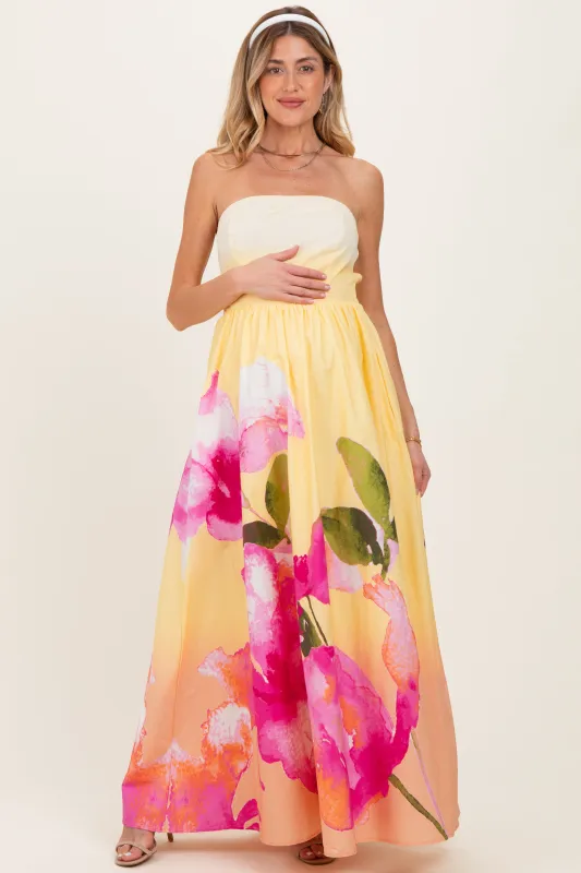 Light Yellow Floral Strapless Maternity Maxi Dress sold by Pinkblush