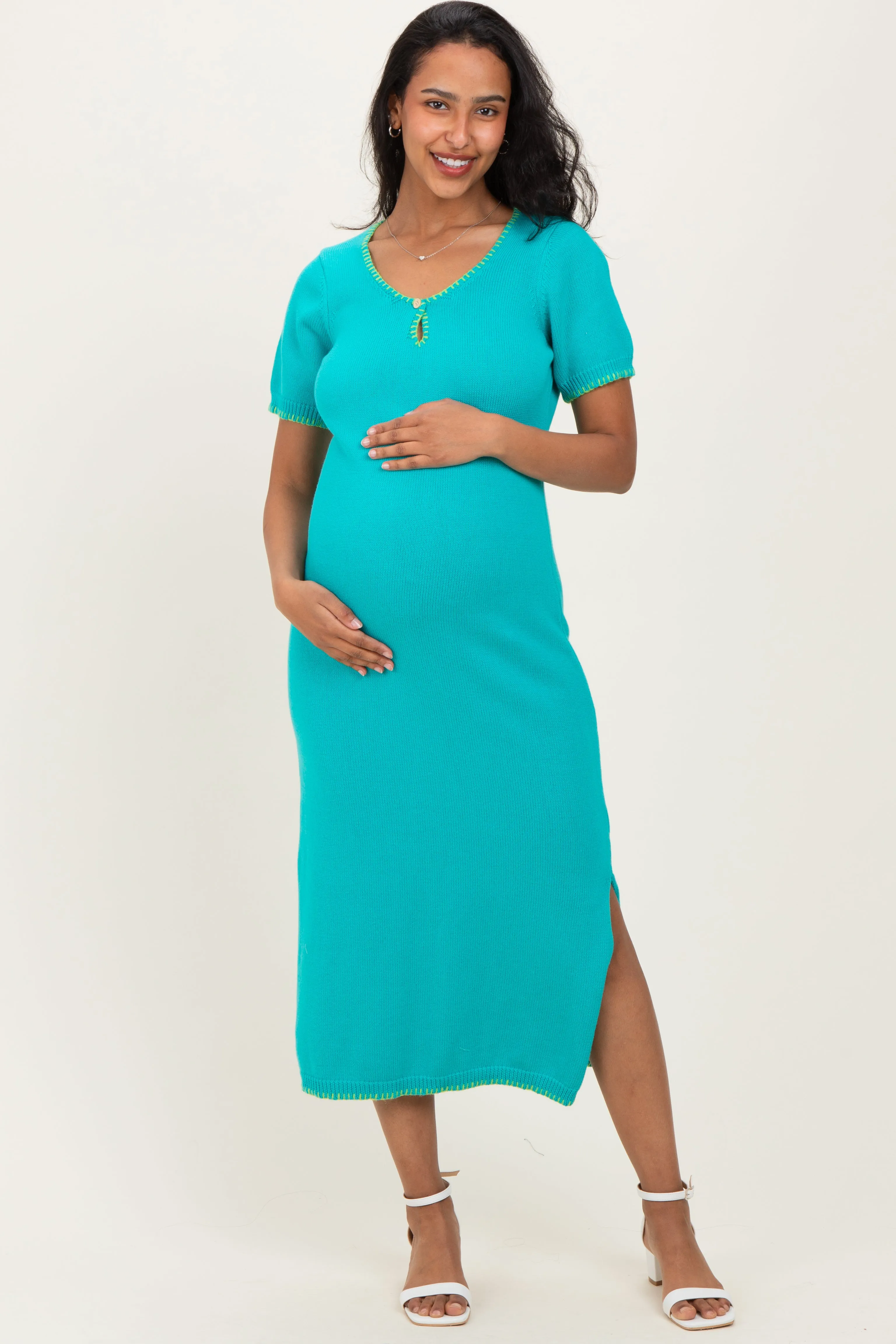 Aqua Knit Contrast Stitch Detail Maternity Midi Dress sold by Pinkblush