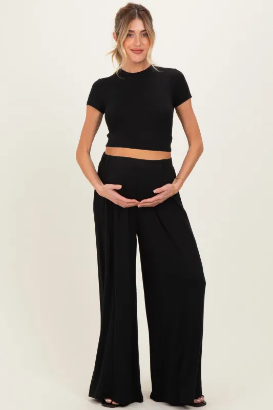 Black Short Sleeve Crop Top Wide Leg Pant Maternity Set sold by Pinkblush